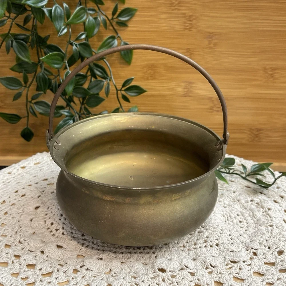 Vintage Brass Cauldron Planter Pot Bucket with Swing Handle Rustic Boho Decor 6